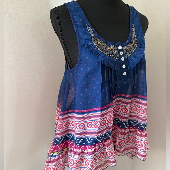 Forever 21 Embellished Boho Blue & Pink High-low Sleeveless Top - Picture 6 of 12